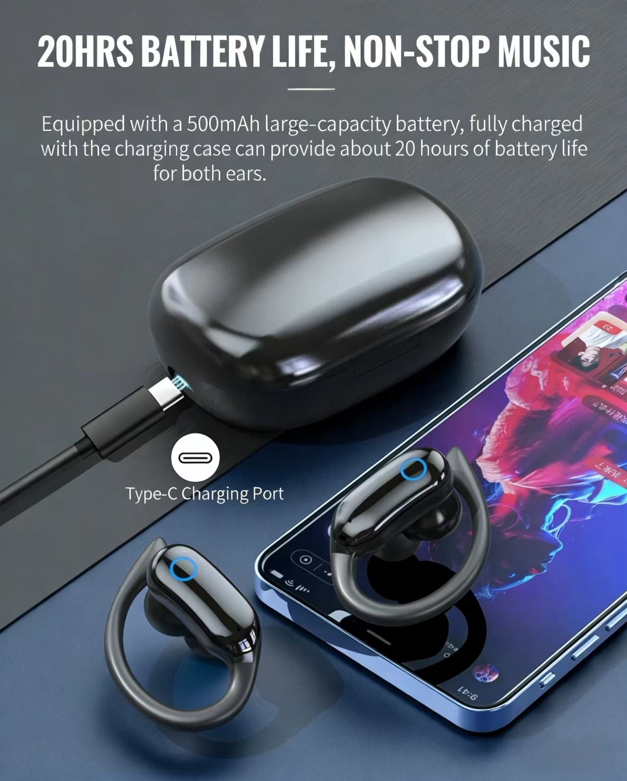 IPX7 방수 TWS 스포츠 블루투스 이어폰, 고음질 스테레오, 이어훅 디자인