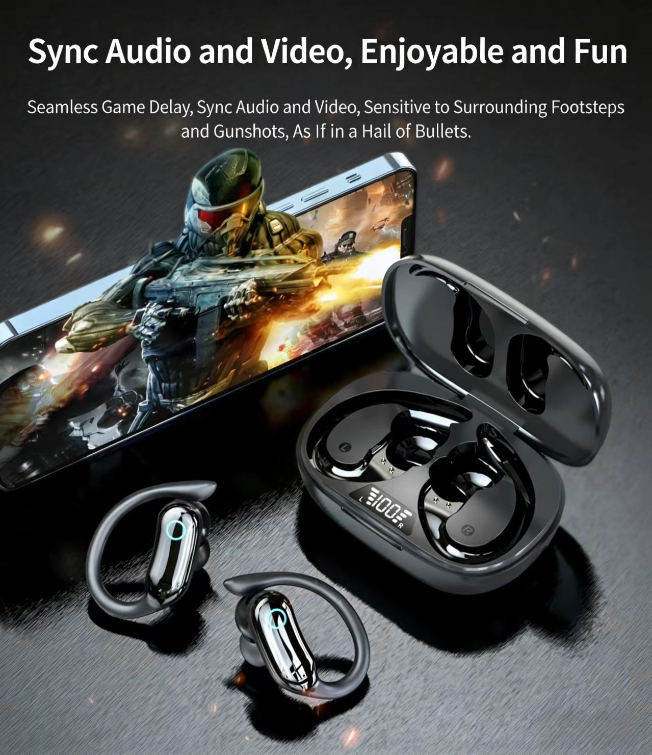 IPX7 방수 TWS 스포츠 블루투스 이어폰, 고음질 스테레오, 이어훅 디자인