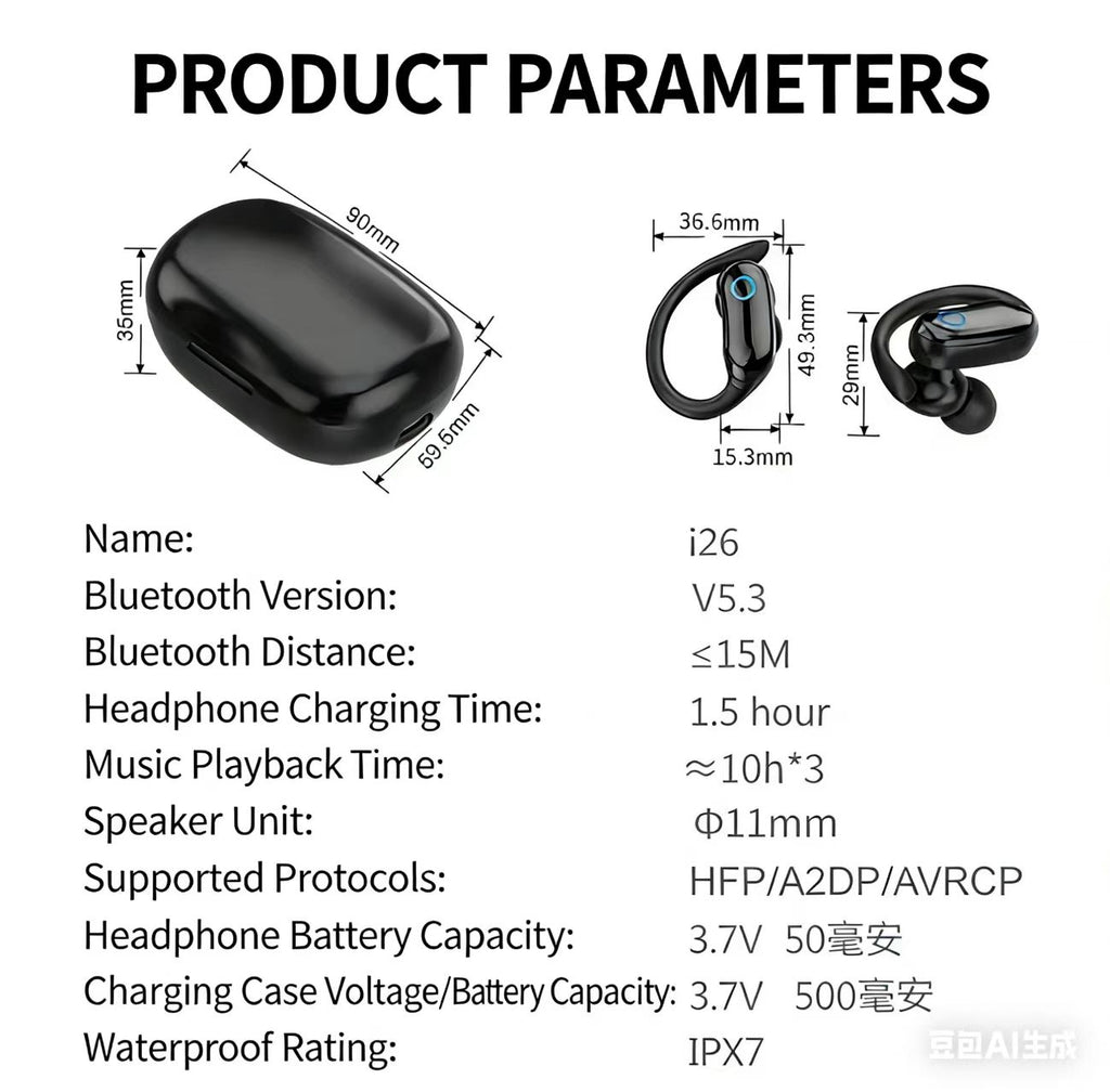 IPX7 방수 TWS 스포츠 블루투스 이어폰, 고음질 스테레오, 이어훅 디자인