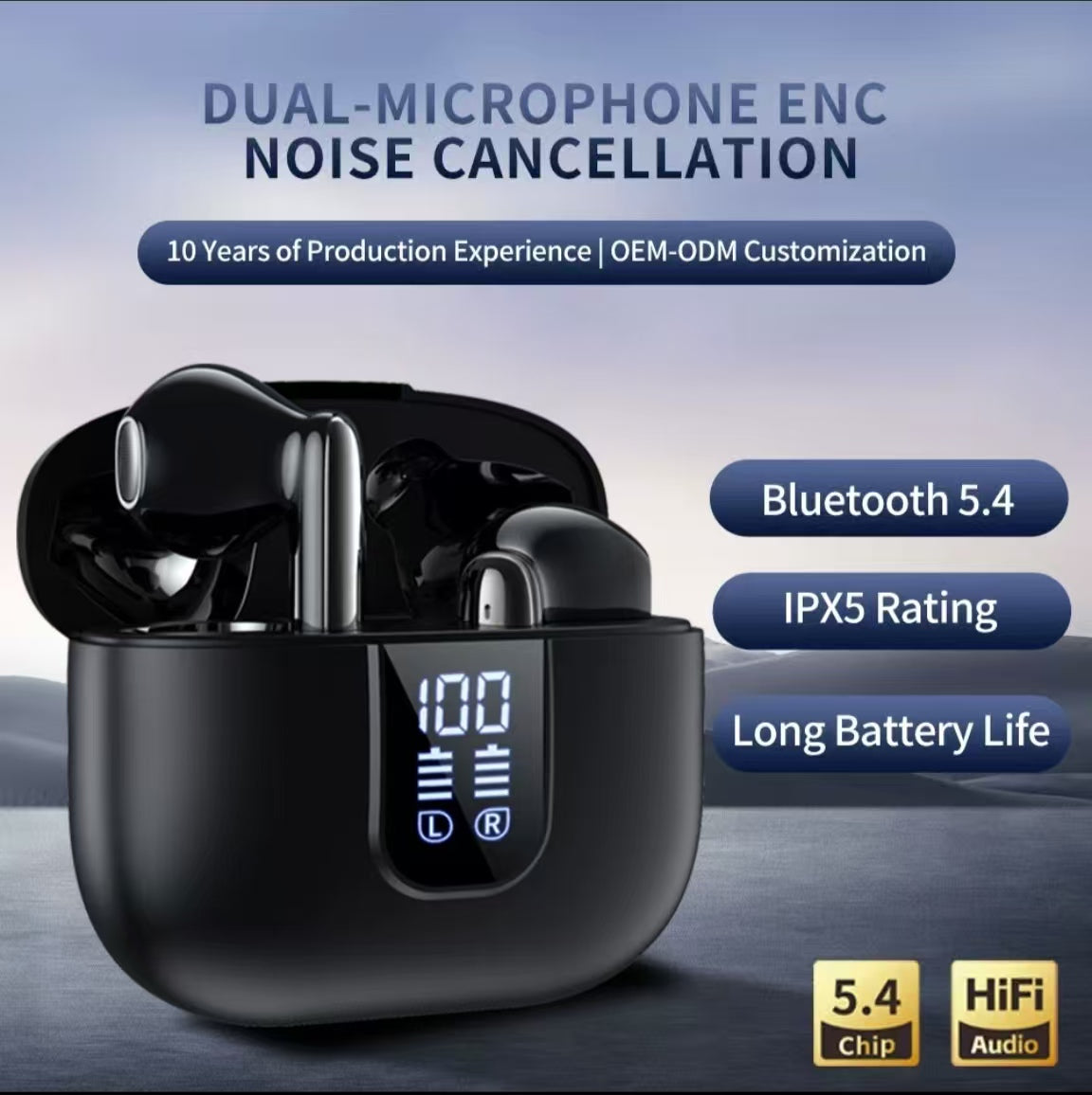 듀얼 마이크 ENC, 저지연, 초장시간 배터리 수명을 갖춘 디지털 디스플레이 TWS 블루투스 이어폰으로 음악 감상을 즐겨보세요.