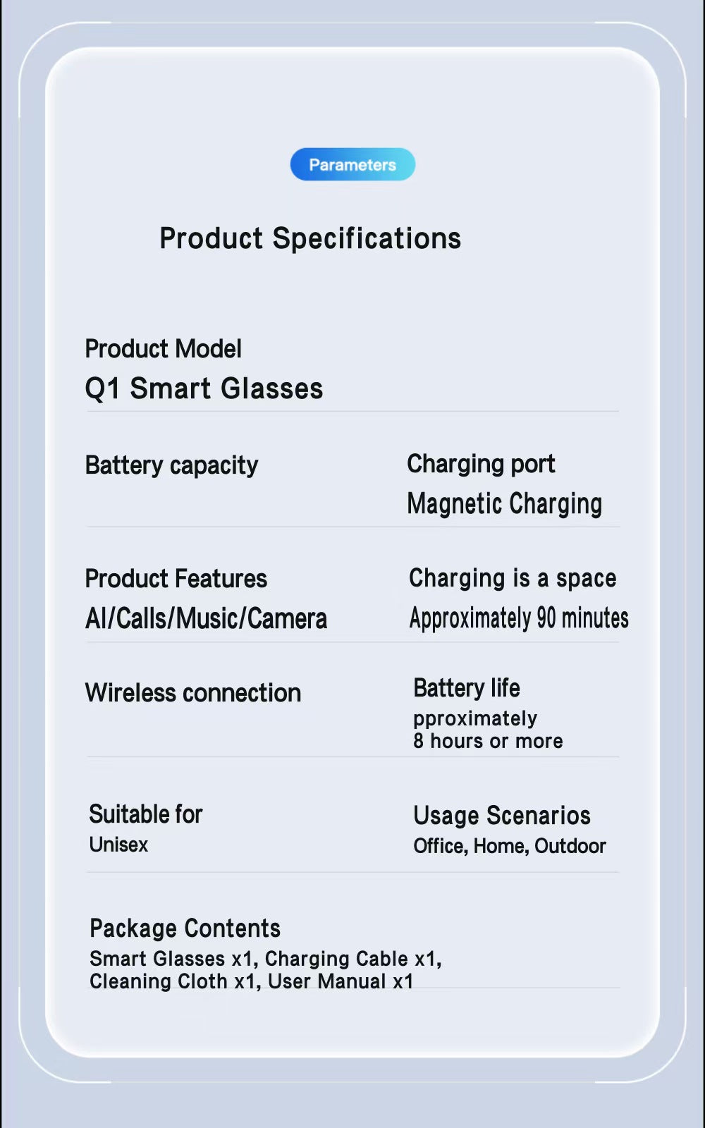 AI 번역 스마트 안경, 13MP 변색 렌즈, 실시간 번역, 사진/동영상 손떨림 방지, 통화 소음 제거 및 AI 비서 기능 탑재.