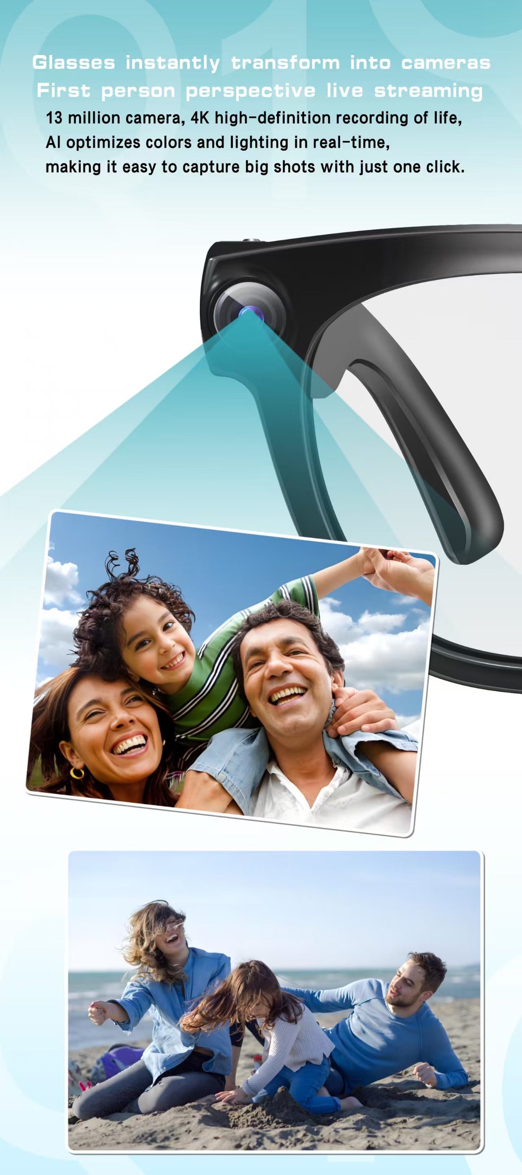 AI 번역 스마트 안경, 13MP 변색 렌즈, 실시간 번역, 사진/동영상 손떨림 방지, 통화 소음 제거 및 AI 비서 기능 탑재.