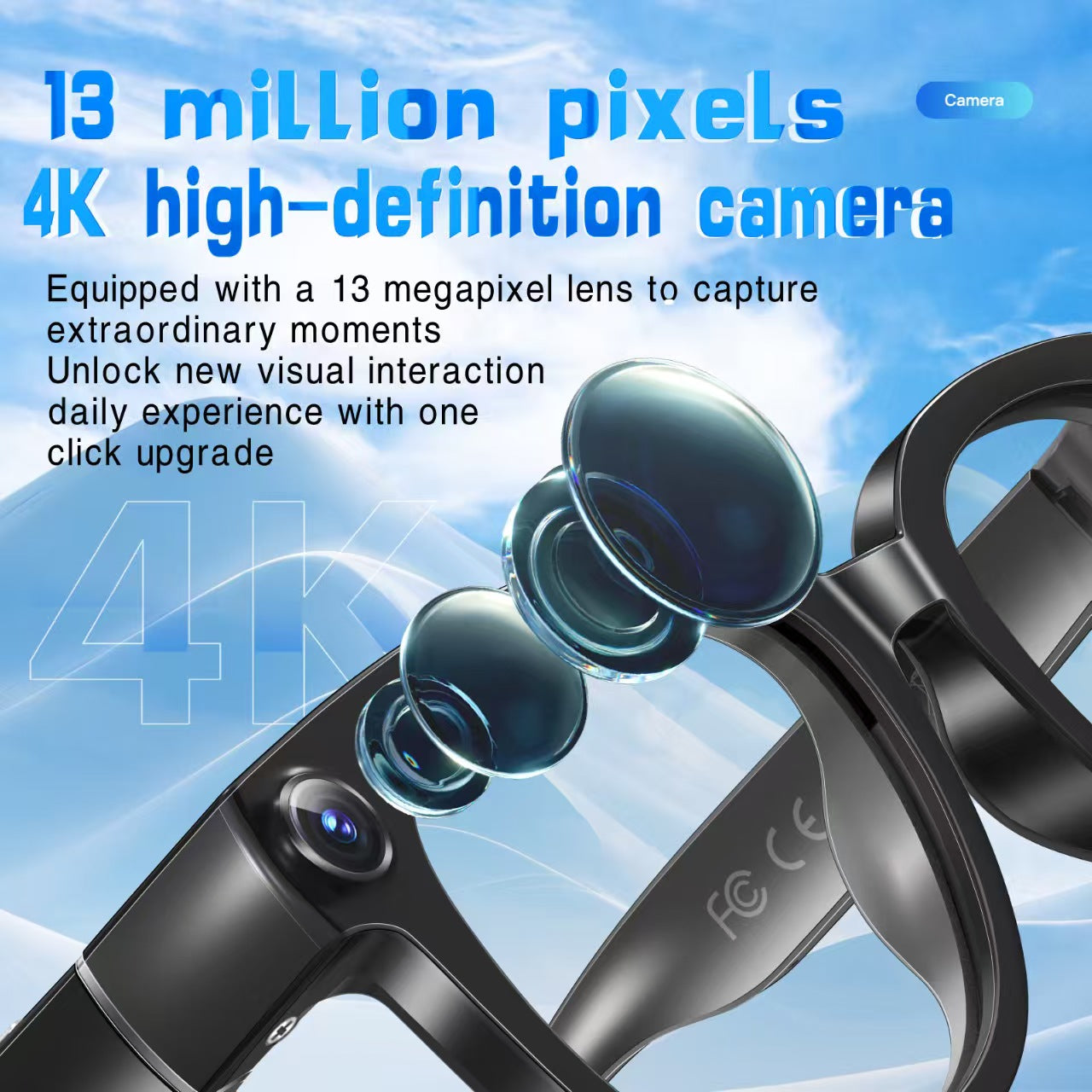 AI 번역 스마트 안경, 13MP 변색 렌즈, 실시간 번역, 사진/동영상 손떨림 방지, 통화 소음 제거 및 AI 비서 기능 탑재.