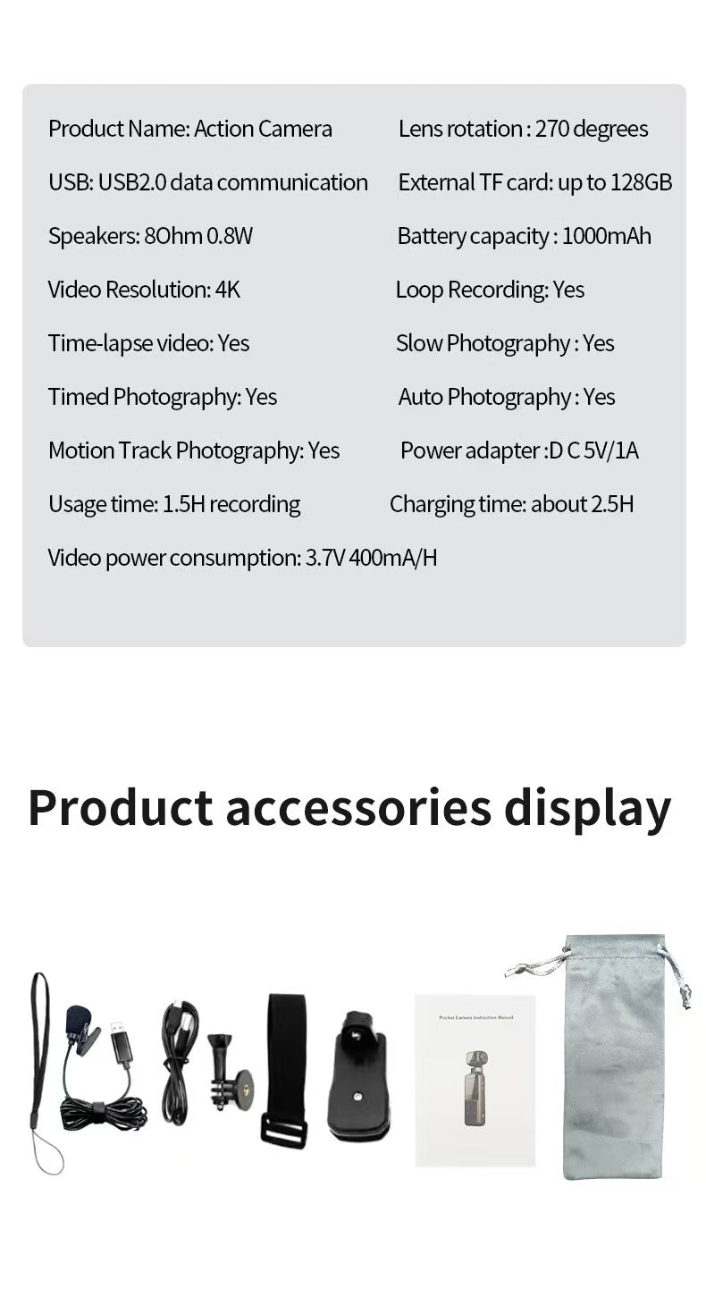 4K 울트라 HD 손떨림 방지 포켓 카메라, 야외 방수 자전거 DV 카메라, 270° 회전 스크린으로 브이로그 및 액션 촬영에 적합.