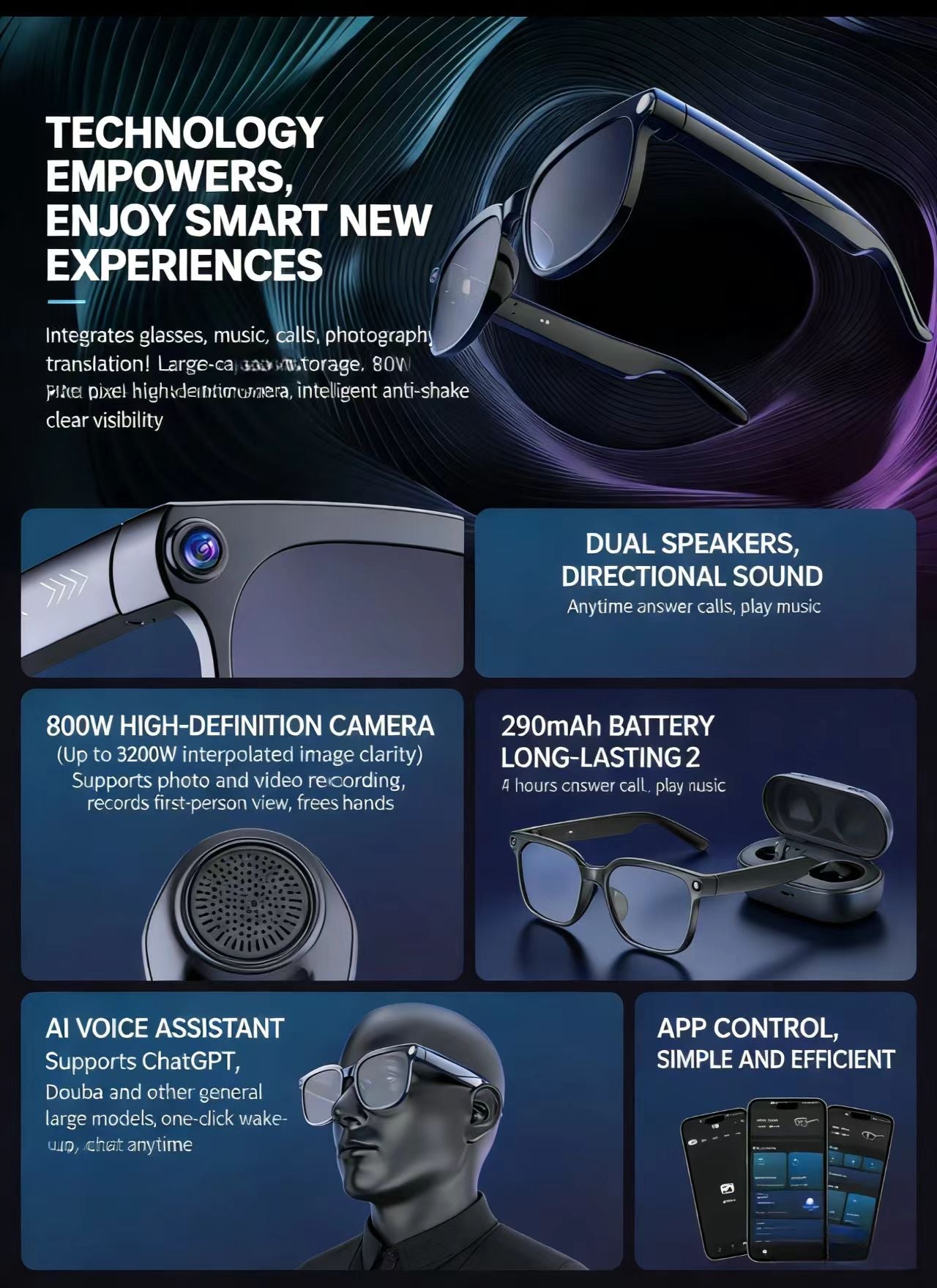 사진/동영상 촬영, 사물 인식 및 실시간 번역 기능을 갖춘 800만 화소 손떨림 방지 카메라가 탑재된 AI 스마트 안경.