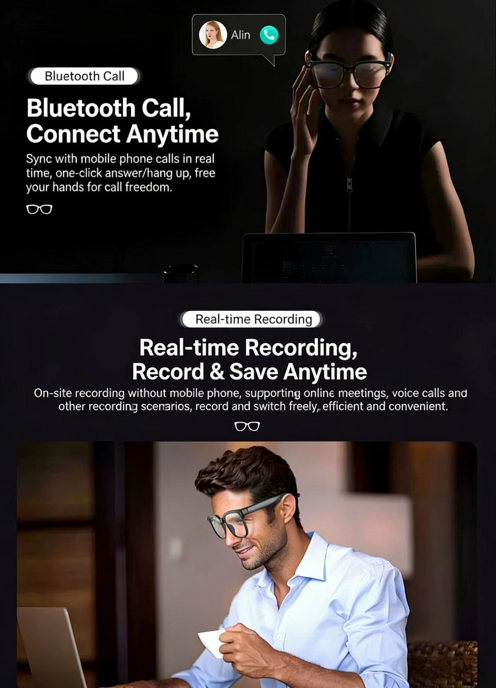 사진/동영상 촬영, 사물 인식 및 실시간 번역 기능을 갖춘 800만 화소 손떨림 방지 카메라가 탑재된 AI 스마트 안경.