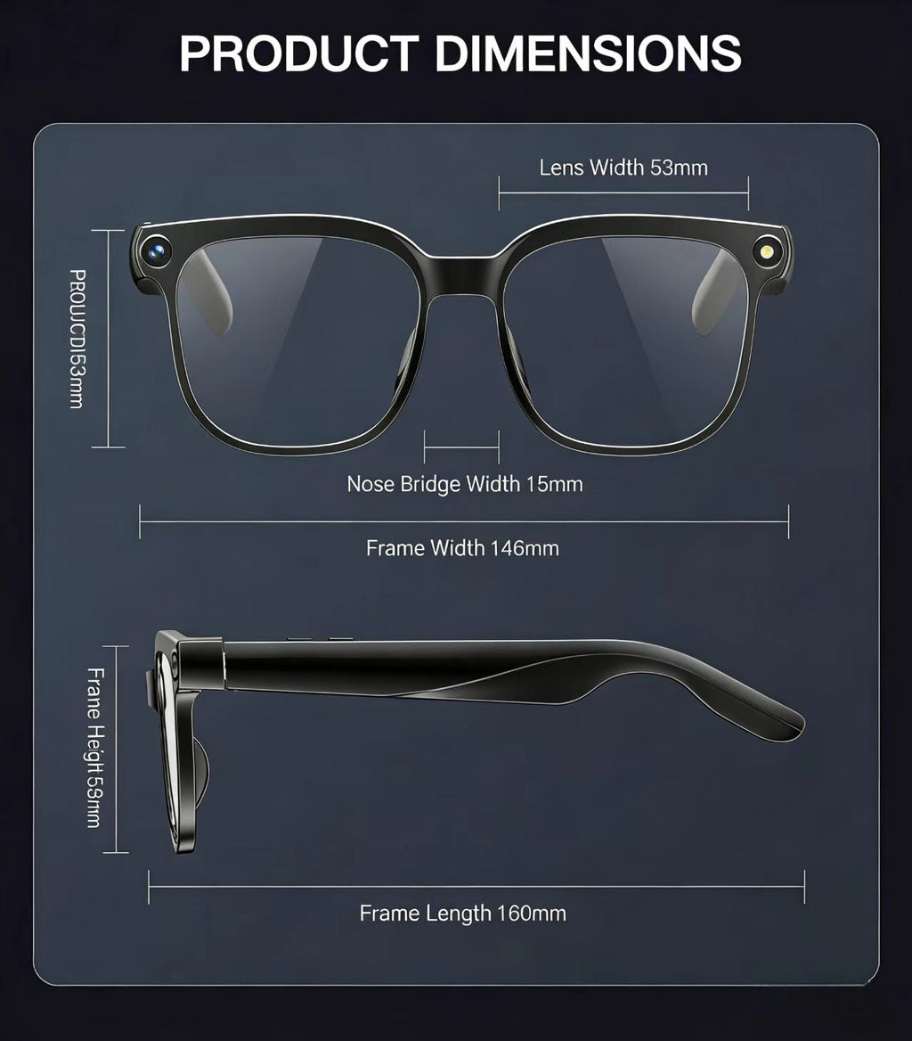 사진/동영상 촬영, 사물 인식 및 실시간 번역 기능을 갖춘 800만 화소 손떨림 방지 카메라가 탑재된 AI 스마트 안경.