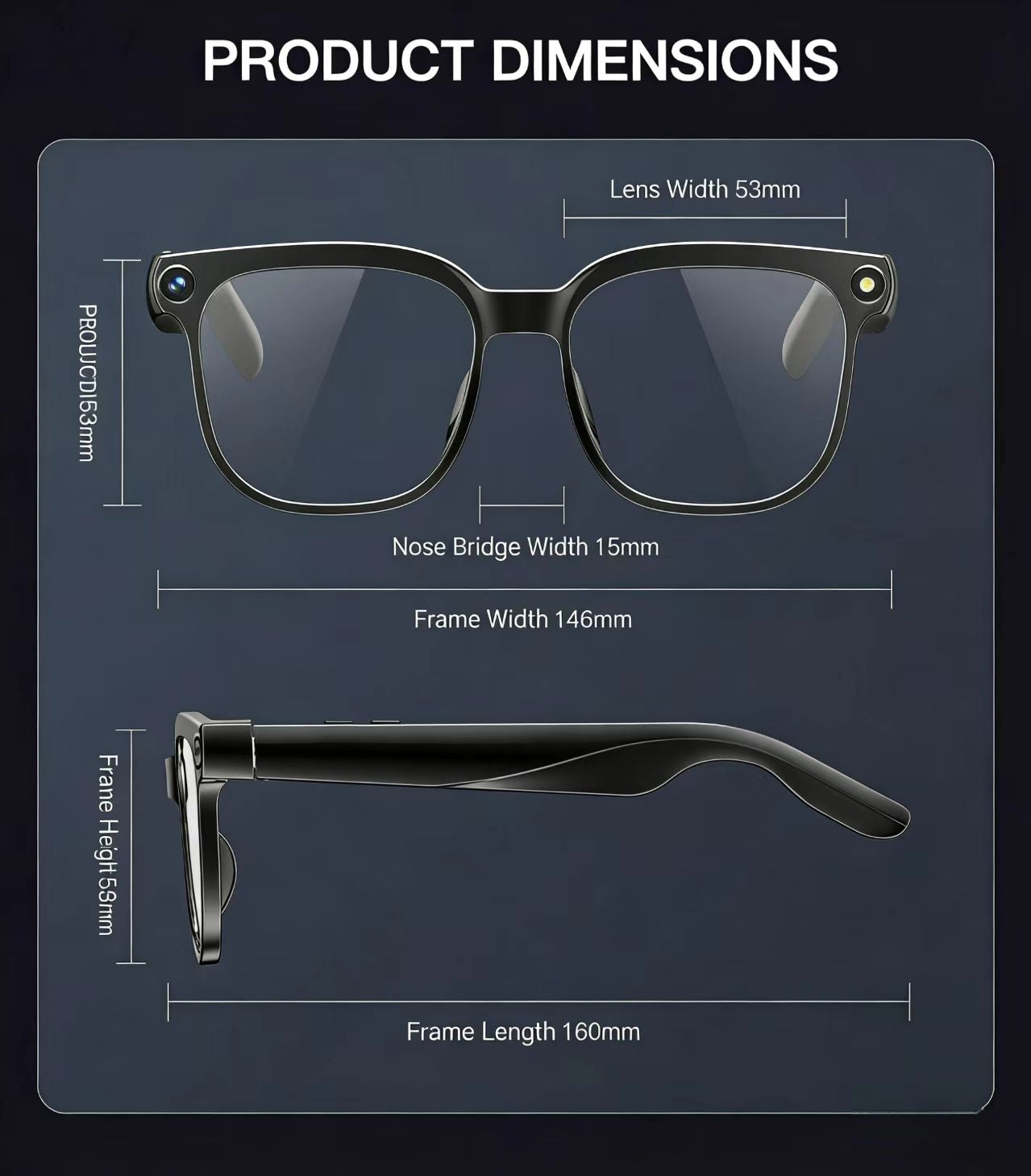 사진/동영상 촬영, 사물 인식 및 실시간 번역 기능을 갖춘 800만 화소 손떨림 방지 카메라가 탑재된 AI 스마트 안경.