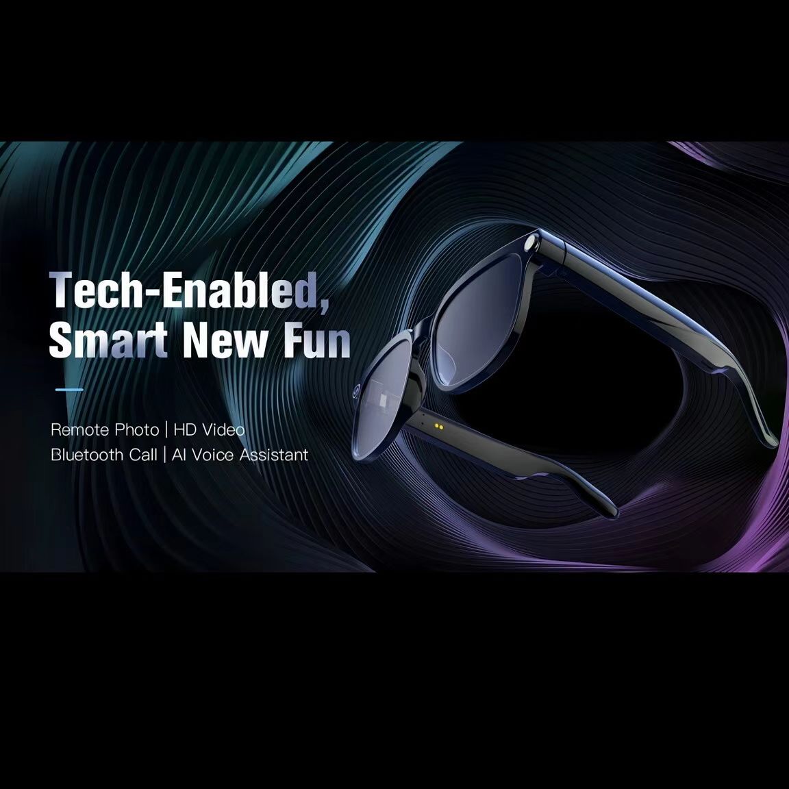 사진/동영상 촬영, 사물 인식 및 실시간 번역 기능을 갖춘 800만 화소 손떨림 방지 카메라가 탑재된 AI 스마트 안경.