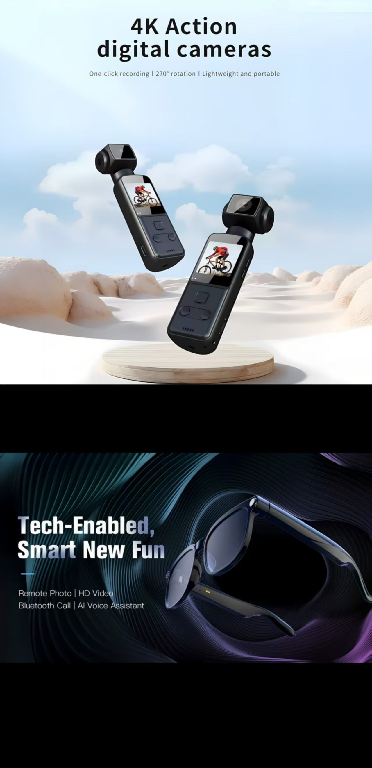 AI smart glasses with an 8MP anti-shake& 4K Ultra HD Anti-Shake Pocket Camera