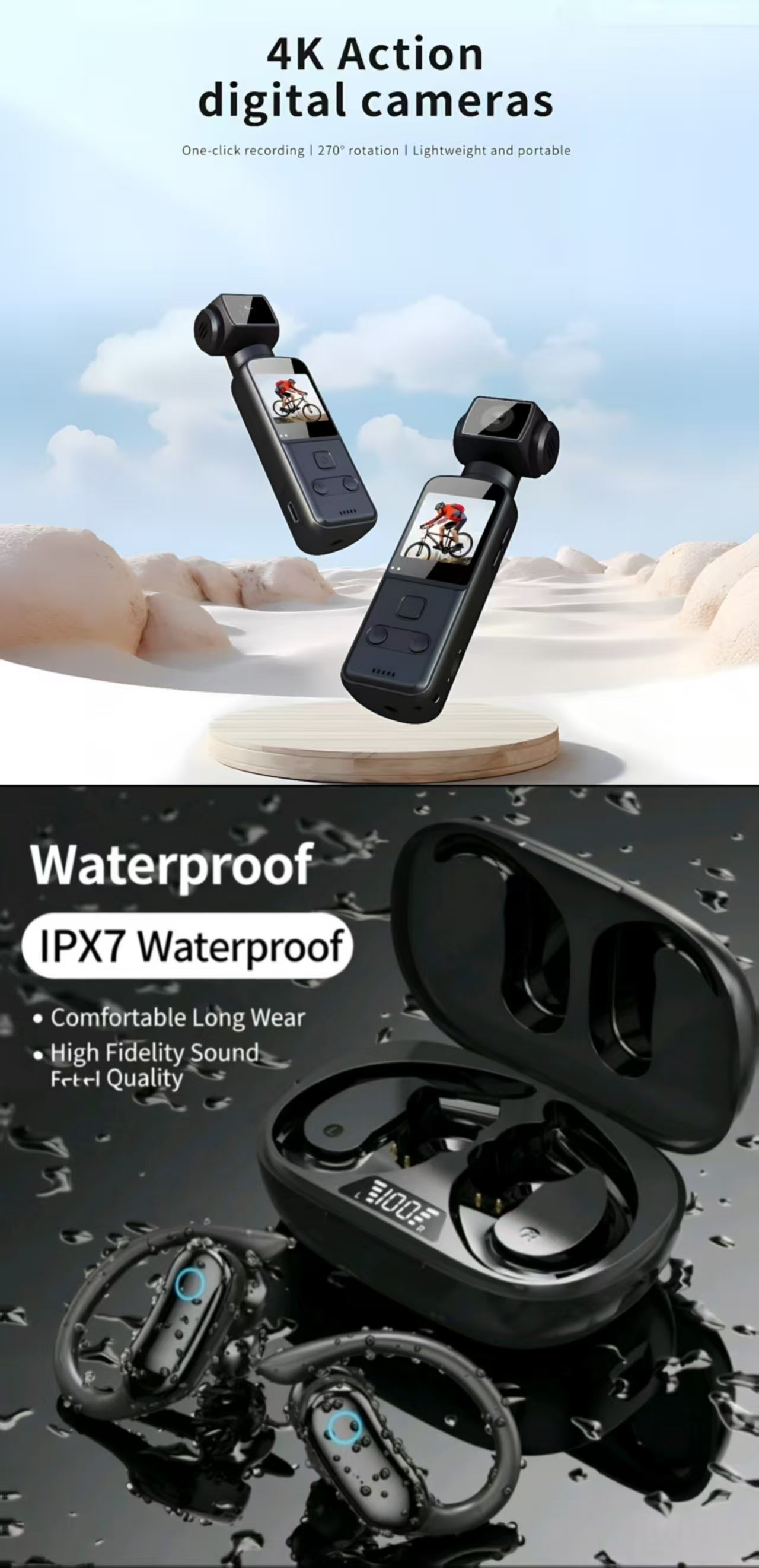 TWS Sports IPX7 Waterproof Bluetooth Earbuds& 4K Ultra HD Anti-Shake Pocket Camera