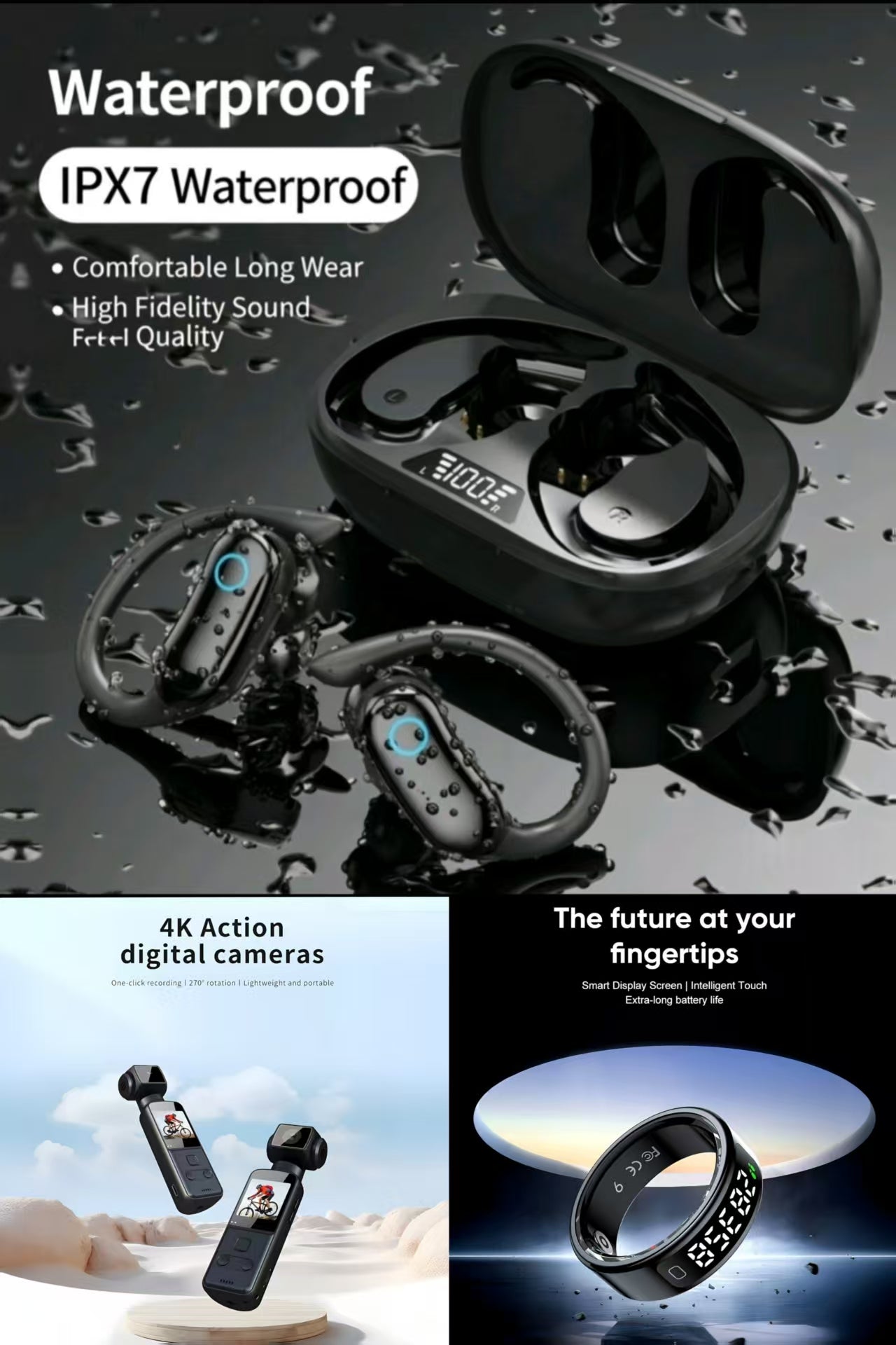 4K Ultra HD Anti-Shake Pocket Camera，R11 Sports Ring & TWS Sports IPX7 Waterproof Bluetooth Earbuds