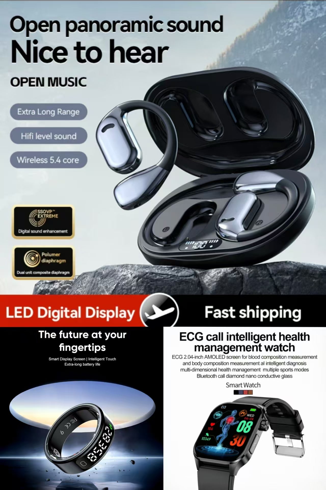 ET580 Smart Watch, R11 Sports Ring & M75 AI Translation Earbuds