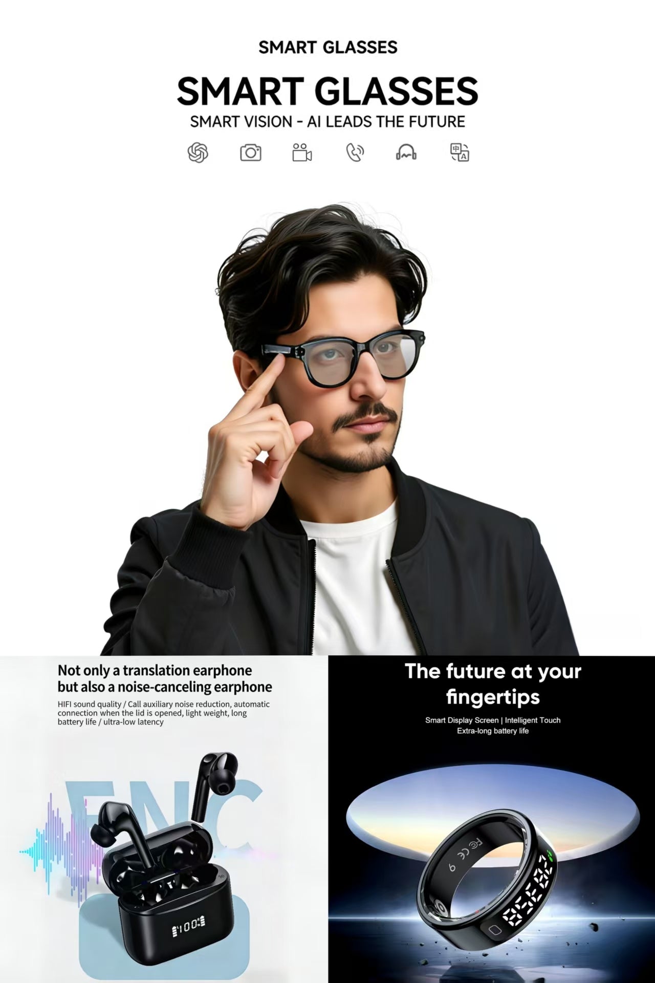 Future-Ready AI Gear: AI Smart Glasses 8MP, AI Smart Translation Bluetooth Earbuds&  & R11 Smart Ring