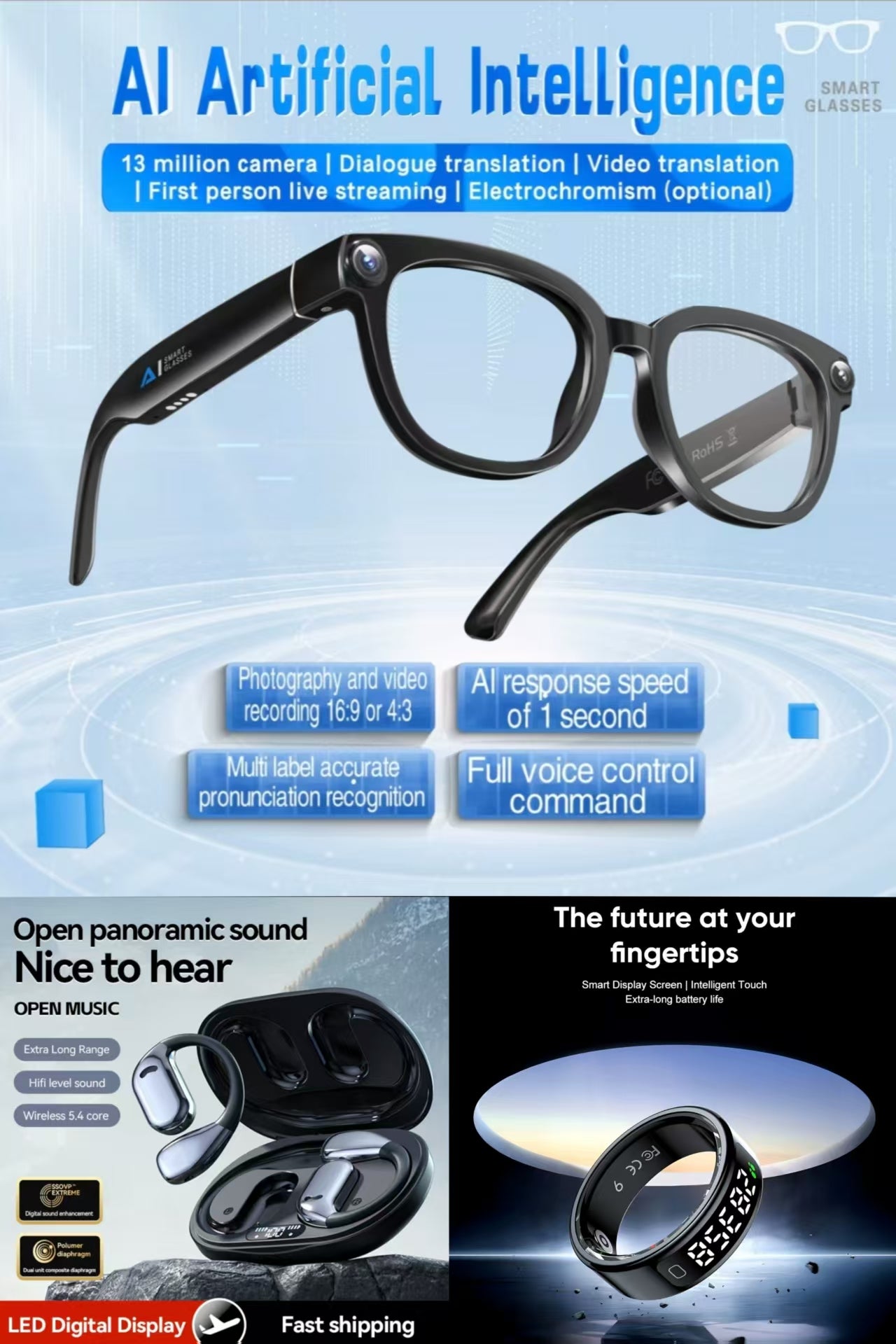 Future-Ready AI Gear: AI Translation Smart Glasses 13MP Photochromic,  M75 AI Translation Earbuds& R11 Smart Ring