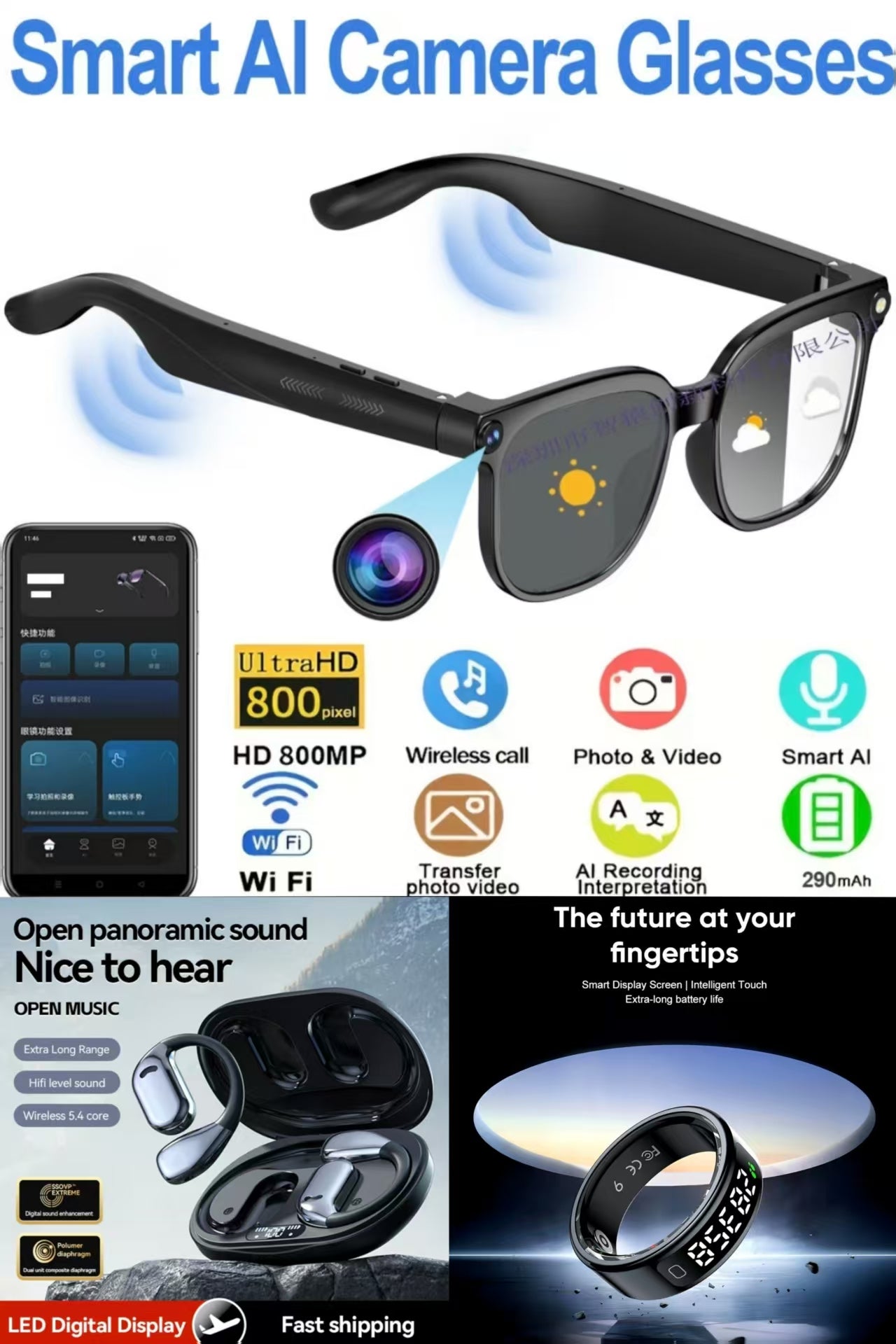 Future-Ready AI Gear: M75 AI Translation Earbuds, 800W AI Smart Translation Glasses  & R11 Smart Ring