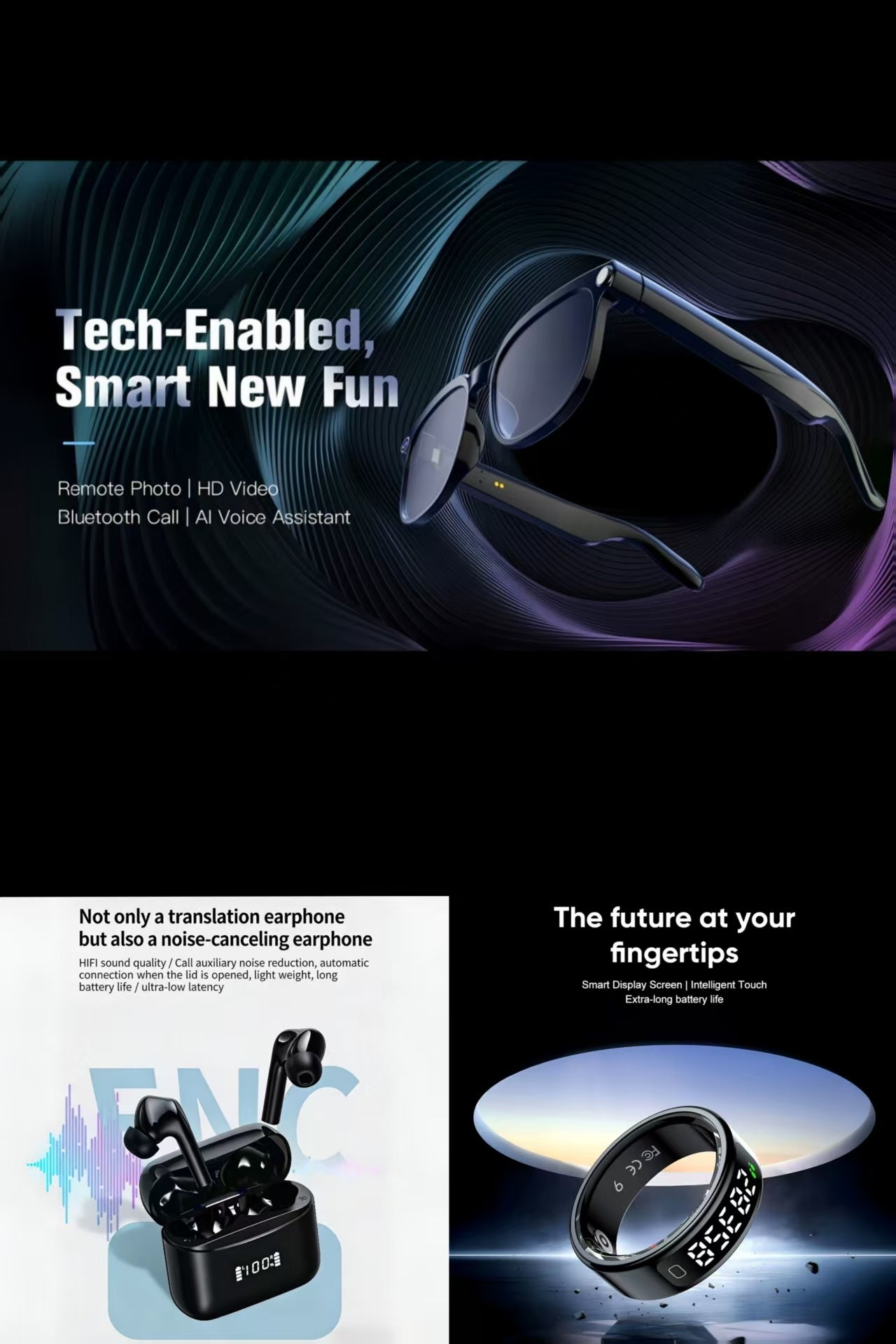 Future-Ready AI Gear: AI Smart Translation Bluetooth Earbuds, Anti-Shake Glasses & R11 Smart Ring