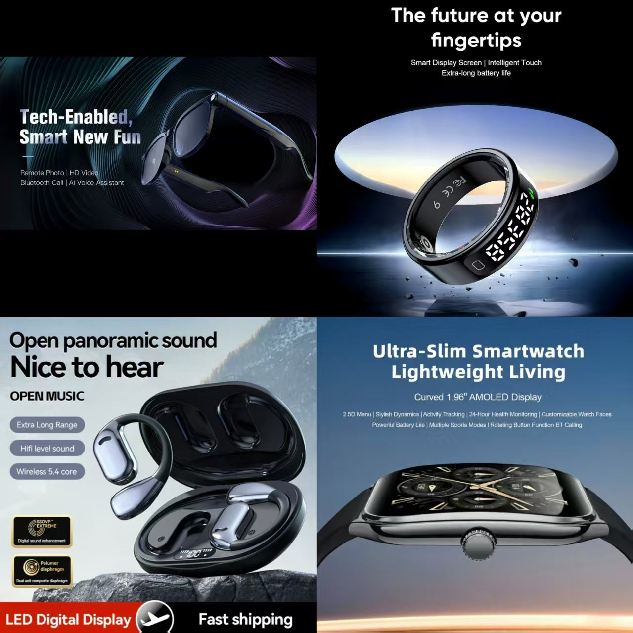 4-in-1 Ultimate Smart Lifestyle Bundle: Smart Glasses, Smart Ring, Open-Ear Headphones & Ultra-Slim Smartwatch