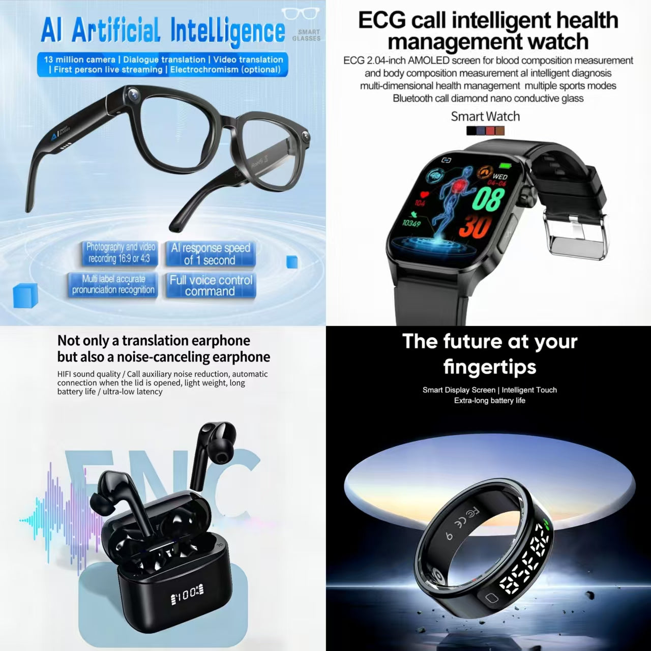 4-in-1 Ultimate Smart AI Health & Communication Bundle: AI Smart Glasses, ECG Health Watch, Smart Ring, ENC Translation Earbuds