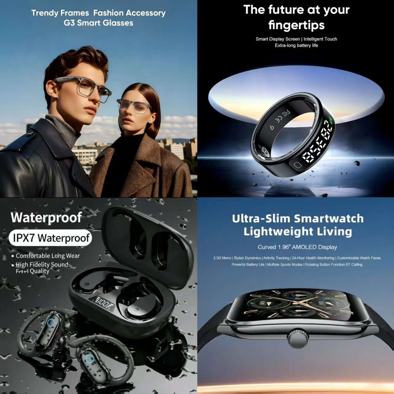 4-in-1 Smart Health & Fashion Bundle | G3 Smart Glasses + Smart Ring + IPX7 Waterproof Earbuds + Ultra-Slim Smartwatch