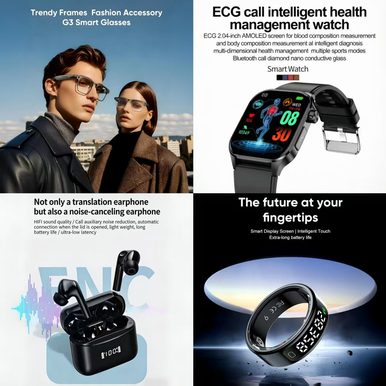 4-in-1 Smart Health & Fashion Bundle | G3 Smart Glasses + ECG Call Health Watch + ENC Noise Canceling Translation Earbuds + Smart Ring