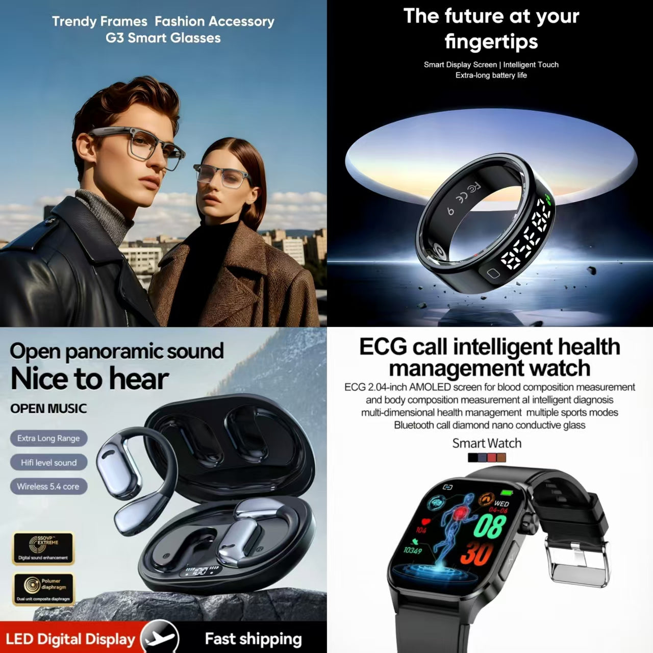 4-in-1 Smart Health & Fashion Bundle | G3 Smart Glasses + Smart Ring + Open-Ear Earbuds + ECG Health Watch