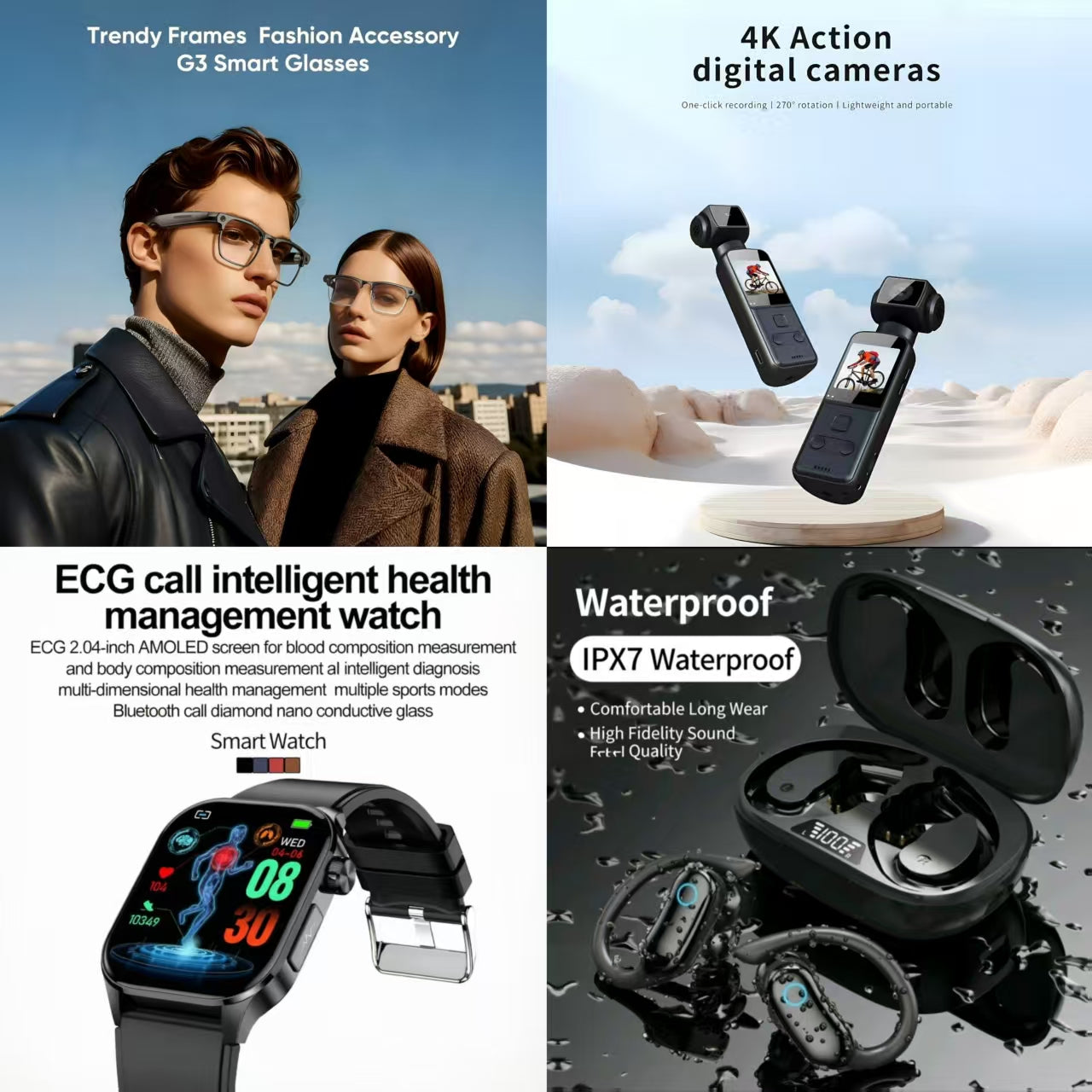 4-in-1 Smart Lifestyle Bundle | G3 Smart Glasses + 4K Action Camera + ECG Call Health Watch + IPX7 Waterproof Earbuds