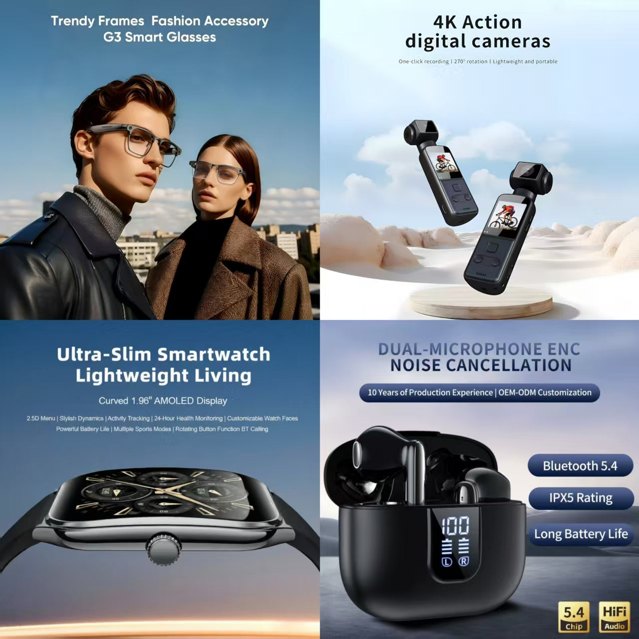 4-in-1 Smart Lifestyle Bundle | G3 Smart Glasses + 4K Action Camera + Ultra-Slim Smartwatch + Dual Mic ENC Noise Canceling Earbuds