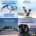4-in-1 AI Smart Lifestyle Bundle: AI Smart Glasses + 4K Action Camera + Ultra-Slim Smartwatch + ENC Noise Canceling Earbuds