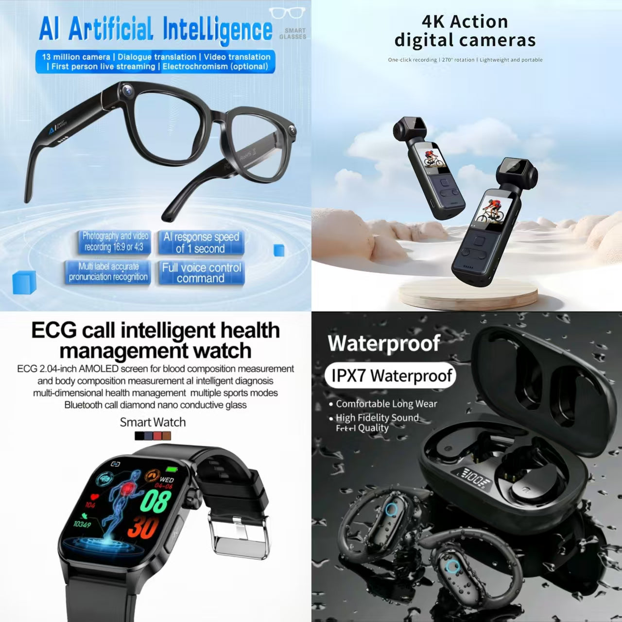 4-in-1 AI Smart Health Bundle: AI Glasses + 4K Action Camera + ECG Call Watch + IPX7 Waterproof Earbuds