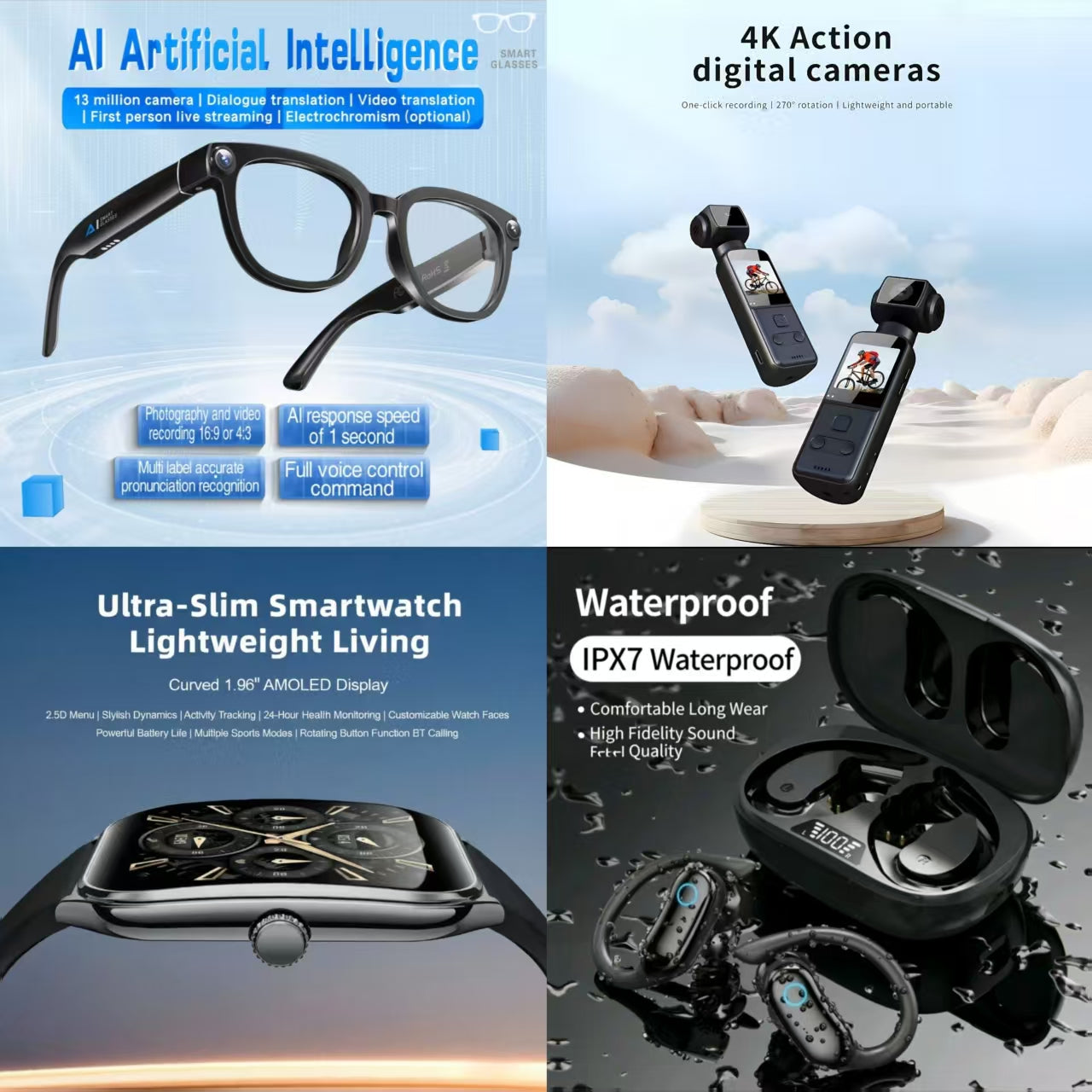 4-in-1 AI Smart Lifestyle Bundle: AI Smart Glasses + 4K Action Camera + Ultra-Slim Smartwatch + IPX7 Waterproof Open-Ear Earbuds