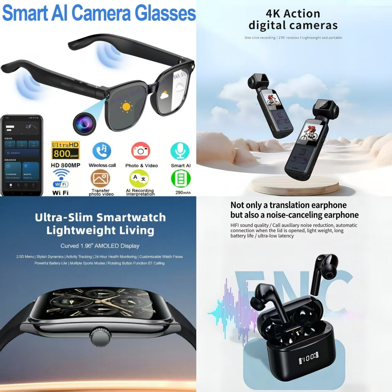 4-in-1 Smart AI Tech Bundle: AI Camera Glasses + 4K Action Camera + Ultra-Slim Smartwatch + ENC Noise Canceling Translation Earbuds