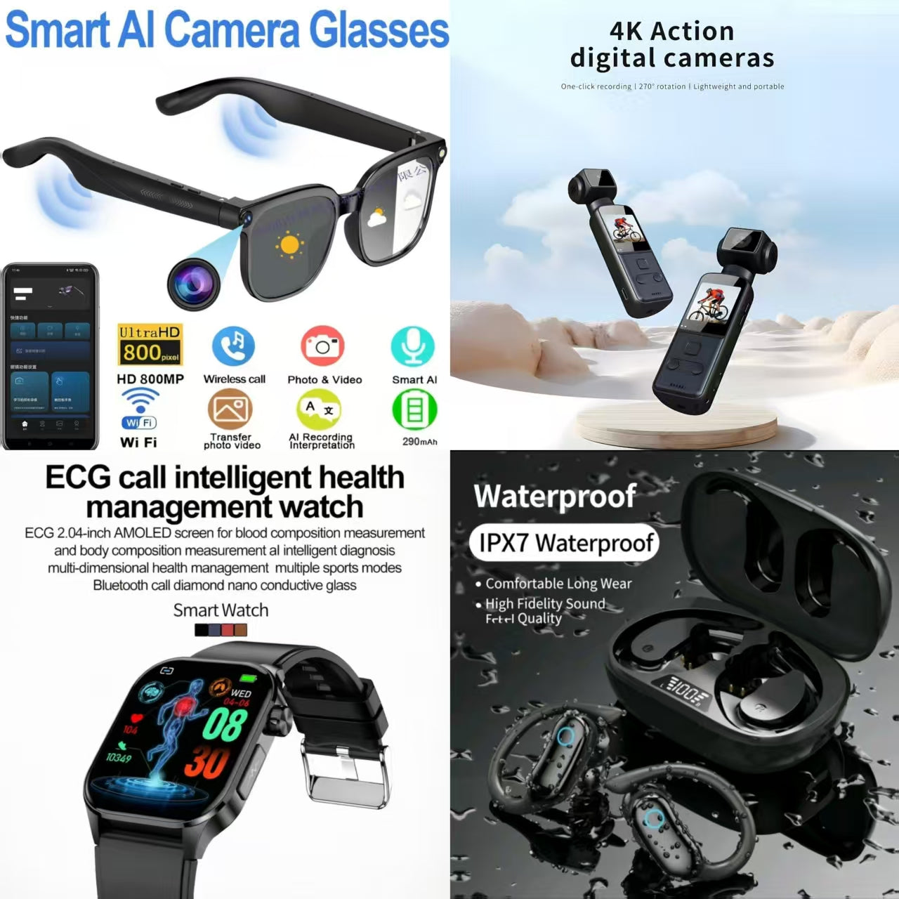 4-in-1 Smart AI Health & Adventure Bundle: AI Camera Glasses + 4K Action Camera + ECG Call Health Watch + IPX7 Waterproof Earbuds