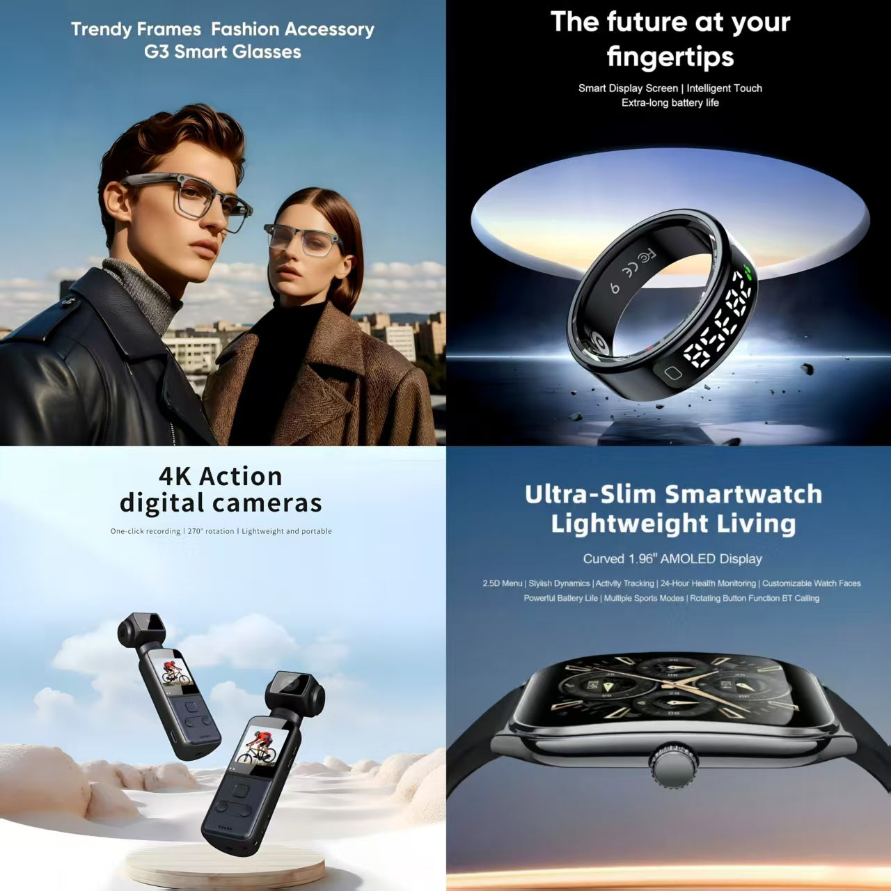 4-in-1 Smart Fashion & Lifestyle Bundle: G3 Smart Glasses + Smart Ring + 4K Action Camera + Ultra-Slim Smartwatch (Future at Your Fingertips)