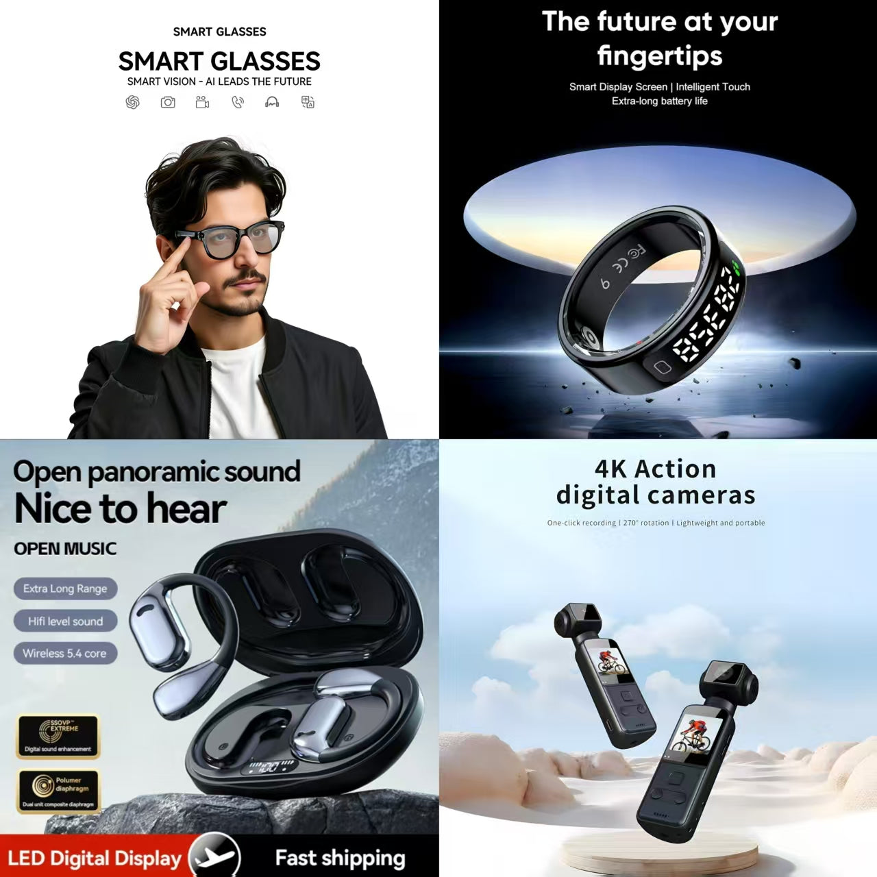 4-in-1 Smart Audio & Lifestyle Bundle: Smart Glasses + Smart Ring + Open-Panoramic Sound Earbuds + 4K Action Camera (Future at Your Fingertips)