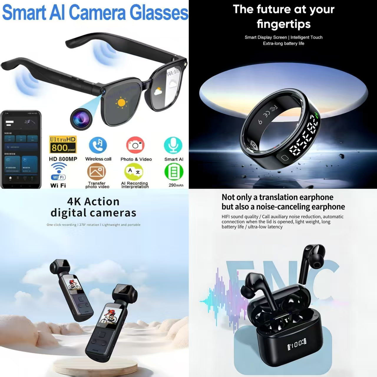 4-in-1 Smart AI Tech & Audio Bundle: Smart AI Camera Glasses + 4K Action Camera + ENC Noise Canceling Translation Earbuds + Smart Ring (Future at Your Fingertips)
