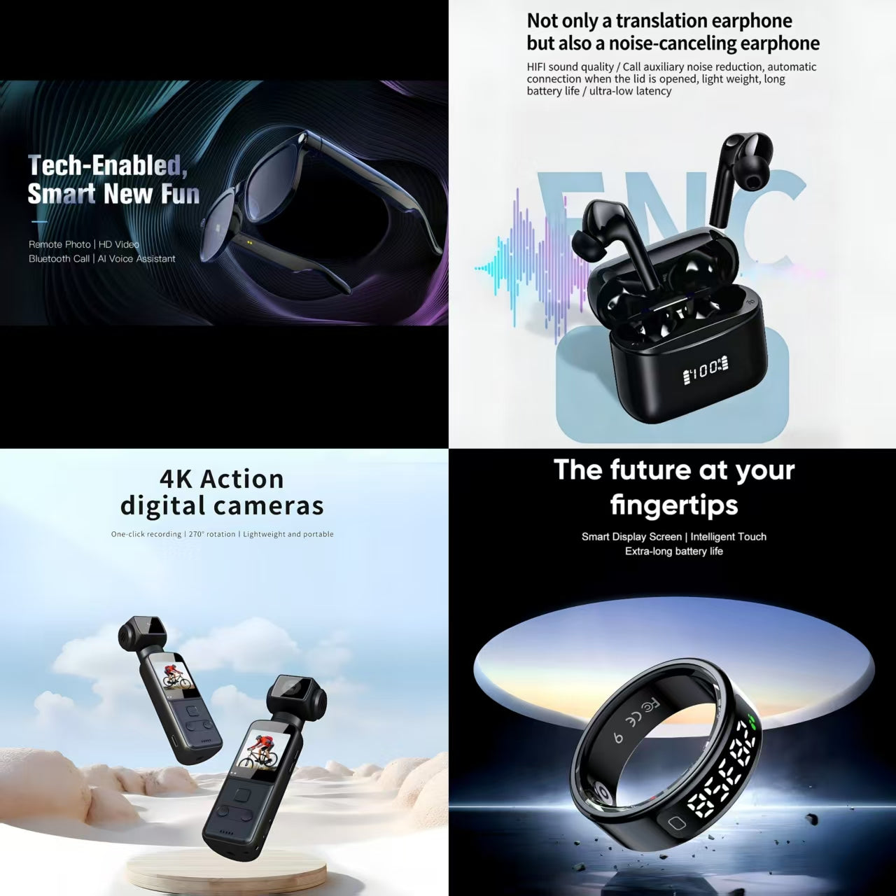 4-in-1 Smart Future Tech & Audio Bundle: Tech-Enabled Smart Glasses + 4K Action Camera + ENC Noise Canceling Translation Earbuds + Smart Ring (Future at Your Fingertips)